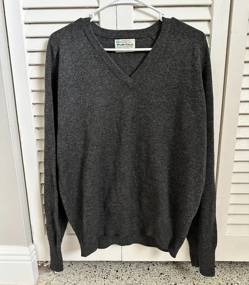 Vintage 70s Puritan Aquaknit 100% Lambswool V-Neck Sweater M Gray USA Preppy
